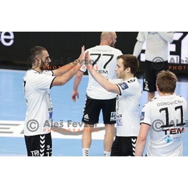 Ozgur Serak and Marko Kotar of Trimo Trebnje in action during EHF European League Men 2020/21 handball match between Trimo Trebnje and Eurofarm Pelister in Ljubljana, Slovenia on December 1, 2020