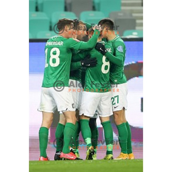 Andres Vombergar and Djordje Ivanovic celebrate goal during Prva Liga Telekom Slovenije 2020-2021 football match between Olimpija and Maribor in SRC Stozice, Ljubljana, Slovenia on December 3, 2020
