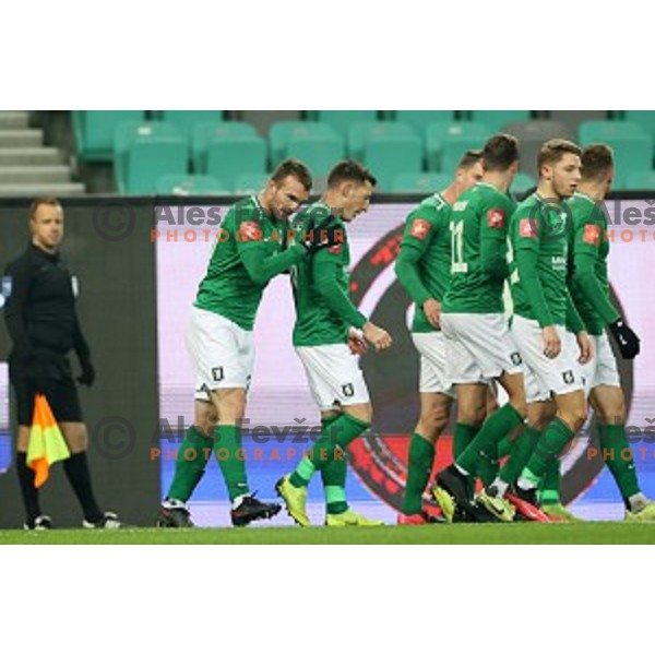 Andres Vombergar and Djordje Ivanovic celebrate goal during Prva Liga Telekom Slovenije 2020-2021 football match between Olimpija and Maribor in SRC Stozice, Ljubljana, Slovenia on December 3, 2020