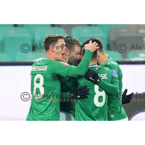 Andres Vombergar and Djordje Ivanovic celebrate goal during Prva Liga Telekom Slovenije 2020-2021 football match between Olimpija and Maribor in SRC Stozice, Ljubljana, Slovenia on December 3, 2020