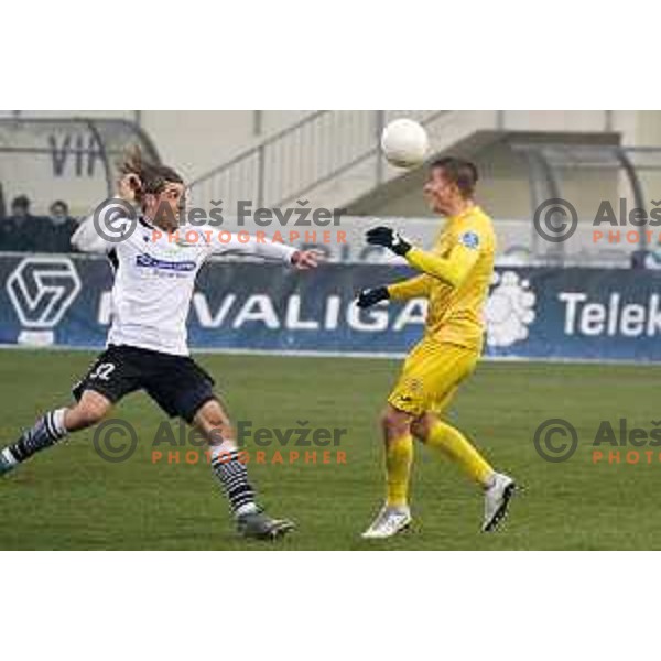 Claudio Spinelli and Gaber Dobrovoljc in action during Prva Liga Telekom Slovenije 2020-2021 football match between Domzale and Koper in Domzale on December 5, 2020