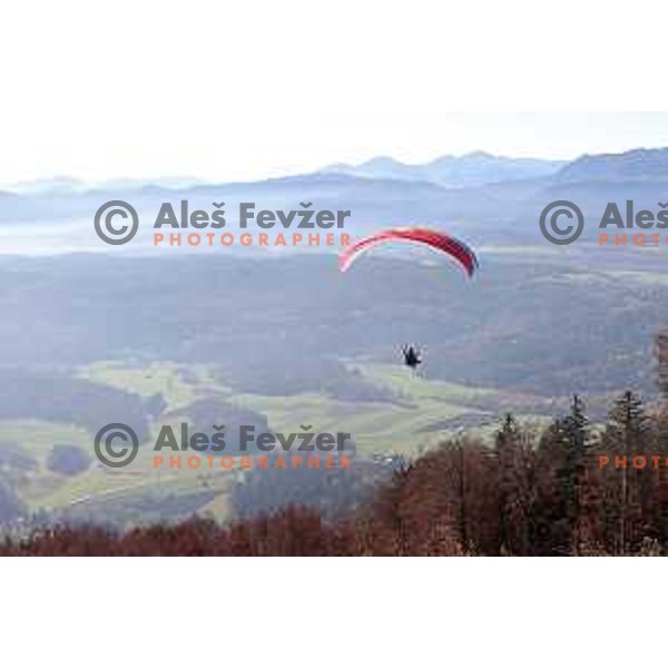 Matjaz Sluga, member of Slovenia Paragliding team during practice flight in Slovenia on November 15, 2020