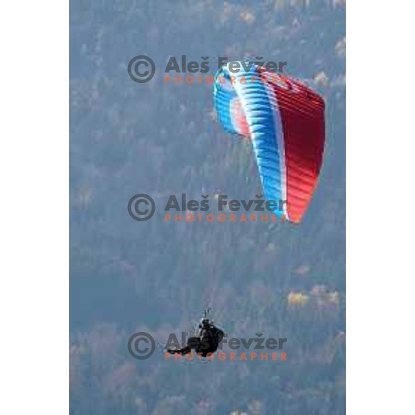 Matjaz Sluga, member of Slovenia Paragliding team during practice flight in Slovenia on November 15, 2020