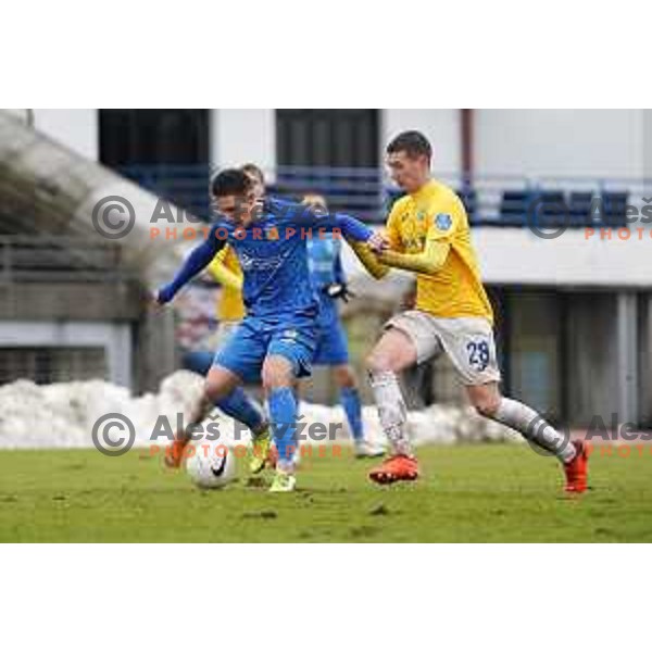 Tamar Svetlin and Rok Maher in action during Prva Liga Telekom Slovenije 2020-2021 football match between Bravo and Domzale in Ljubljana, Slovenia on December 9, 2020