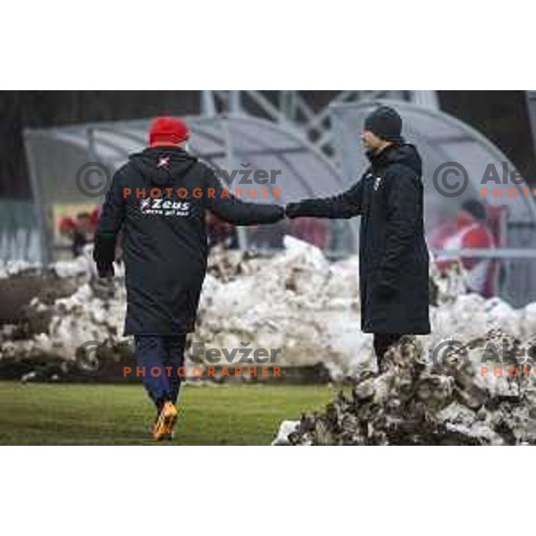 Oskar Drobne and Dejan Grabic during Prva liga Telekom Slovenije football match between Aluminij and Bravo in Kidricevo, Slovenia on December 12, 2020