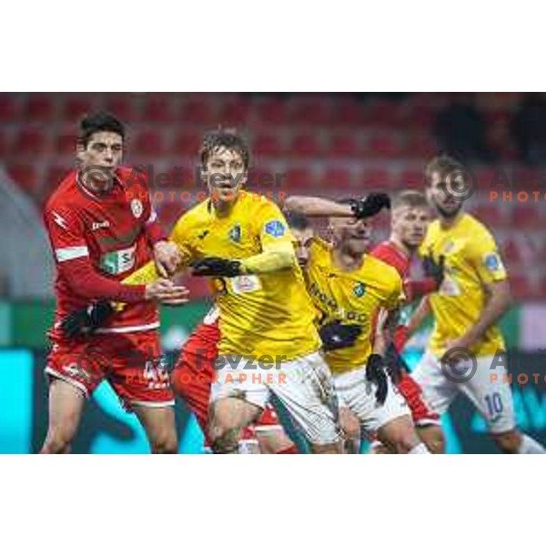 Renato Pantalon and Rok Kidric in action during Prva liga Telekom Slovenije football match between Aluminij and Bravo in Kidricevo, Slovenia on December 12, 2020