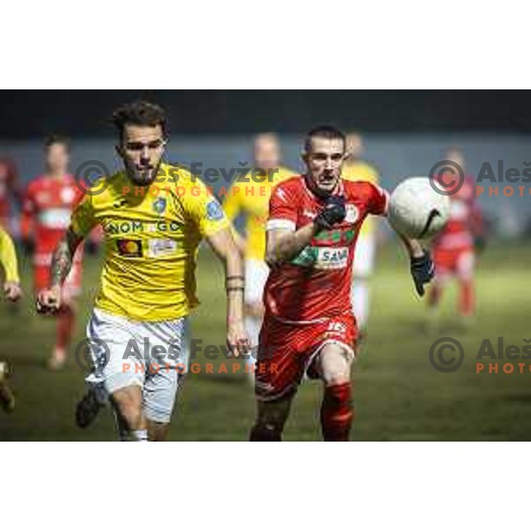 Vanja Drkusic and David Flakus Bosilj in action during Prva liga Telekom Slovenije football match between Aluminij and Bravo in Kidricevo, Slovenia on December 12, 2020
