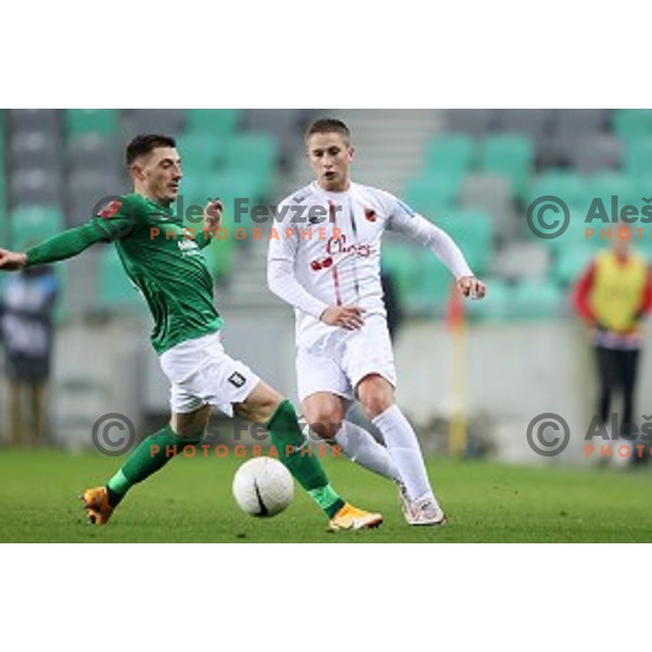 Mario Kvesic of Olimpija and Toni Aliaj in action during Prva Liga Telekom Slovenië 2020-2021 football match between Olimpija and Tabor in SRC Stozice, Ljubljana, Slovenia on December 12, 2020