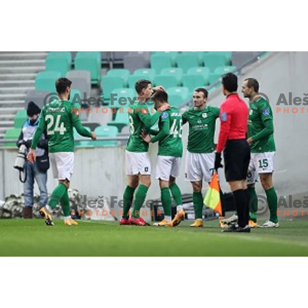 Andres Vombergar, Djordje Ivanovic and Goran Milovic of Olimpija in action during Prva Liga Telekom Slovenië 2020-2021 football match between Olimpija and Tabor in SRC Stozice, Ljubljana, Slovenia on December 12, 2020