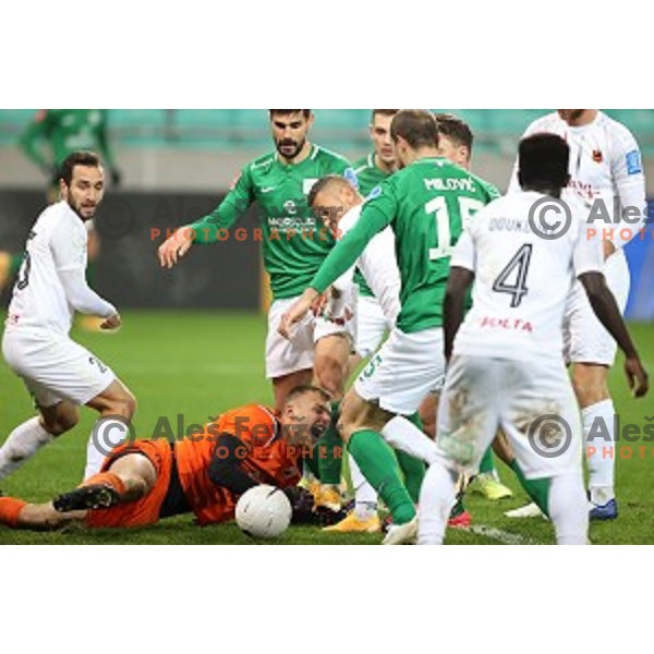 Arian Rener , Marko Perkovic and Goran Milovic who scores and celebrates winning goal during Prva Liga Telekom Slovenië 2020-2021 football match between Olimpija and Tabor in SRC Stozice, Ljubljana, Slovenia on December 12, 2020