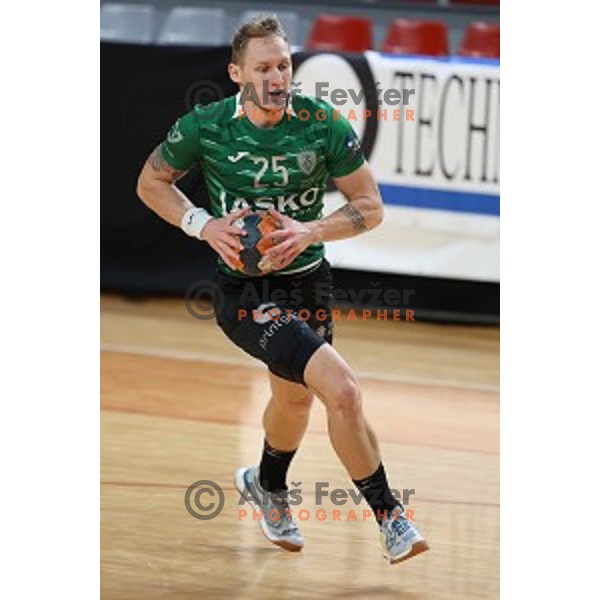 Tilen Kodrin in action during 1.NLB league handball match between MRK Ljubljana and Celje Pivovarna Lasko in Kodeljevo Hall, Ljubljana, Slovenia on December 12, 2020