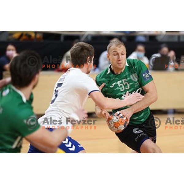 Ziga Mlakar in action during 1.NLB league handball match between MRK Ljubljana and Celje Pivovarna Lasko in Kodeljevo Hall, Ljubljana, Slovenia on December 12, 2020