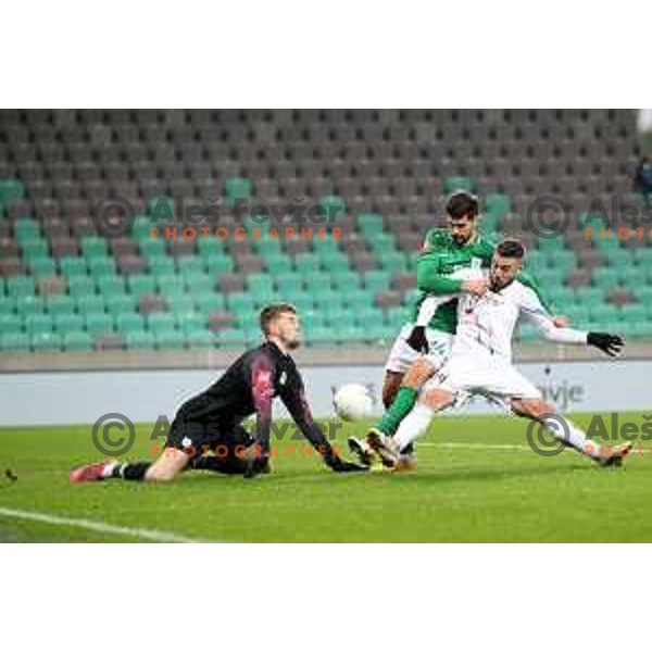 Ziga Frelih, Marko Perkovic of Olimpija and Christos Rovas of Tabor in action during Prva Liga Telekom Slovenië 2020-2021 football match between Olimpija and Tabor in SRC Stozice, Ljubljana, Slovenia on December 12, 2020