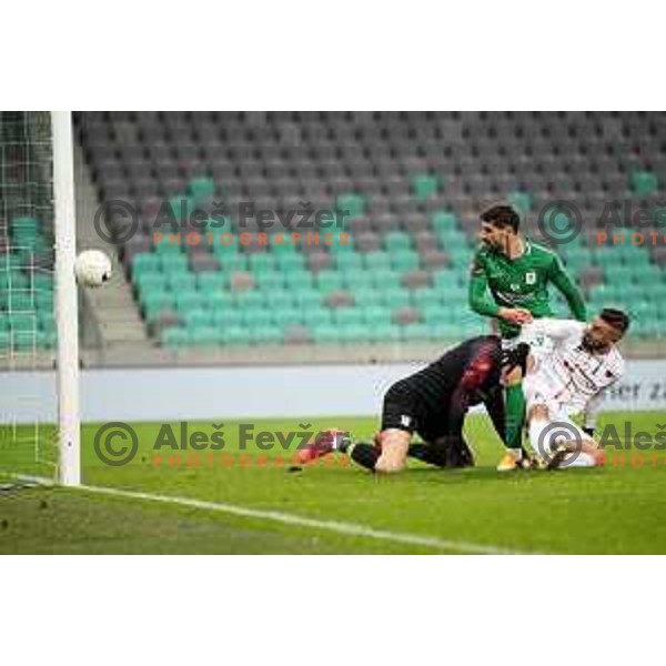 Ziga Frelih, Marko Perkovic of Olimpija and Christos Rovas of Tabor in action during Prva Liga Telekom Slovenië 2020-2021 football match between Olimpija and Tabor in SRC Stozice, Ljubljana, Slovenia on December 12, 2020