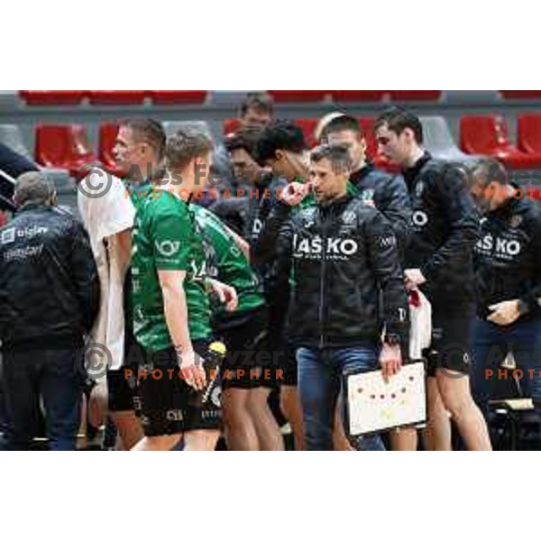 Tomaz Ocvirk in action during 1.NLB league handball match between MRK Ljubljana and Celje Pivovarna Lasko in Kodeljevo Hall, Ljubljana, Slovenia on December 12, 2020