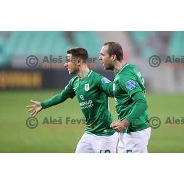 Michael Pavlovic and Goran Milovic of Olimpija in action during Prva Liga Telekom Slovenië 2020-2021 football match between Olimpija and Tabor in SRC Stozice, Ljubljana, Slovenia on December 12, 2020