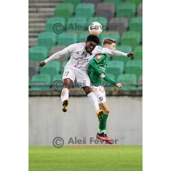 Ndzengue Moubeti Fahd Richard and Ivan Mocinic in action during Prva Liga Telekom Slovenië 2020-2021 football match between Olimpija and Tabor in SRC Stozice, Ljubljana, Slovenia on December 12, 2020