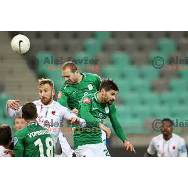 Klemen Nemanic of Tabor , Goran Milovic, Marko Perkovic of Olimpija in action during Prva Liga Telekom Slovenië 2020-2021 football match between Olimpija and Tabor in SRC Stozice, Ljubljana, Slovenia on December 12, 2020