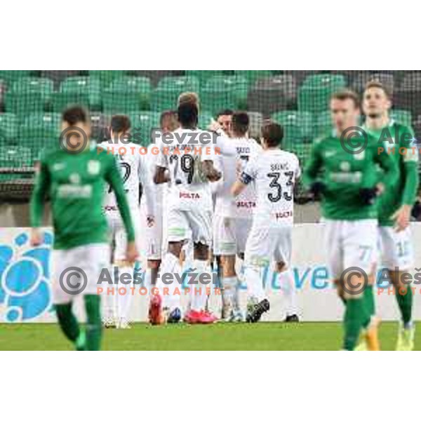 Christos Rovas and players of Tabor celebrate goal during Prva Liga Telekom Slovenië 2020-2021 football match between Olimpija and Tabor in SRC Stozice, Ljubljana, Slovenia on December 12, 2020
