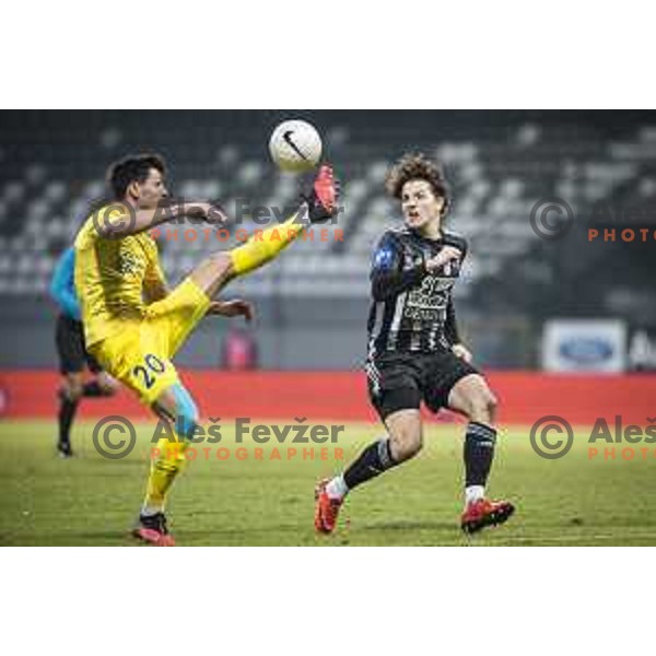 Sven Sostaric Karic vs Kai Cipot in action during Prva liga Telekom Slovenije football match between Mura and Aluminij in Fazanerija, Murska Sobota, Slovenia on December 13, 2020