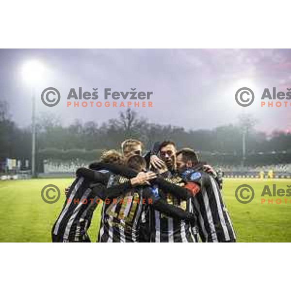 Ziga Kous and players of Mura celebrate goal during Prva liga Telekom Slovenije football match between Mura and Aluminij in Fazanerija, Murska Sobota, Slovenia on December 13, 2020