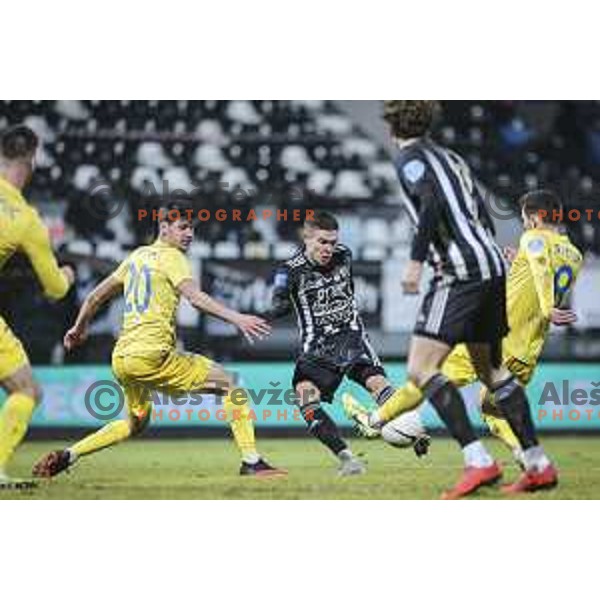 Sven Sostaric Karic vs Luka Bobicanec in action during Prva liga Telekom Slovenije football match between Mura and Aluminij in Fazanerija, Murska Sobota, Slovenia on December 13, 2020