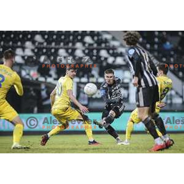 Sven Sostaric Karic vs Luka Bobicanec in action during Prva liga Telekom Slovenije football match between Mura and Aluminij in Fazanerija, Murska Sobota, Slovenia on December 13, 2020