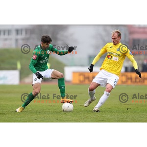 Mihail Caimacov of Olimpija and Sandi Ogrinec of Bravo in action during Prva Liga Telekom Slovenije 2020-2021 football match between Bravo and Olimpija in Ljubljana, Slovenia on December 15, 2020
