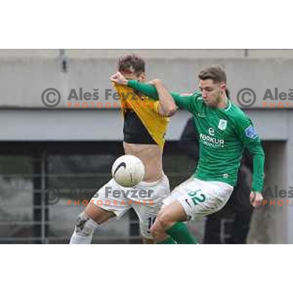 Mustafa Nukic of Bravo and Michael Pavlovic of Olimpija in action during Prva Liga Telekom Slovenije 2020-2021 football match between Bravo and Olimpija in Ljubljana, Slovenia on December 15, 2020