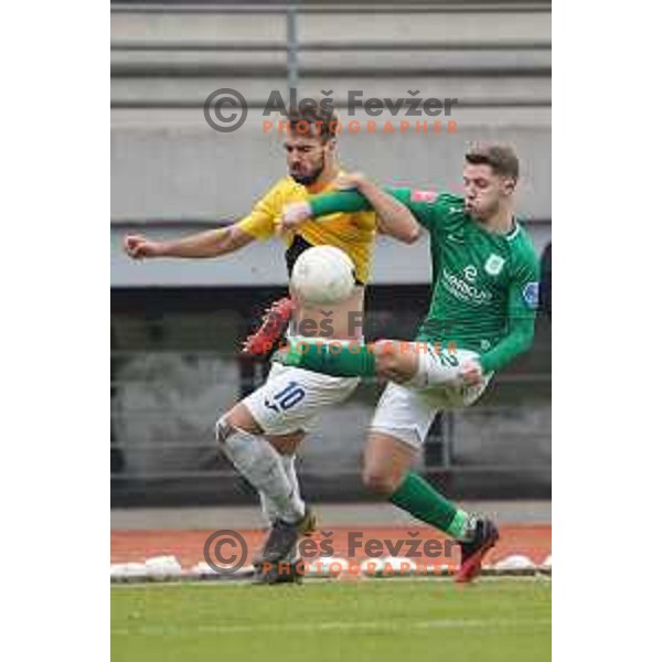 Mustafa Nukic of Bravo and Michael Pavlovic of Olimpija in action during Prva Liga Telekom Slovenije 2020-2021 football match between Bravo and Olimpija in Ljubljana, Slovenia on December 15, 2020