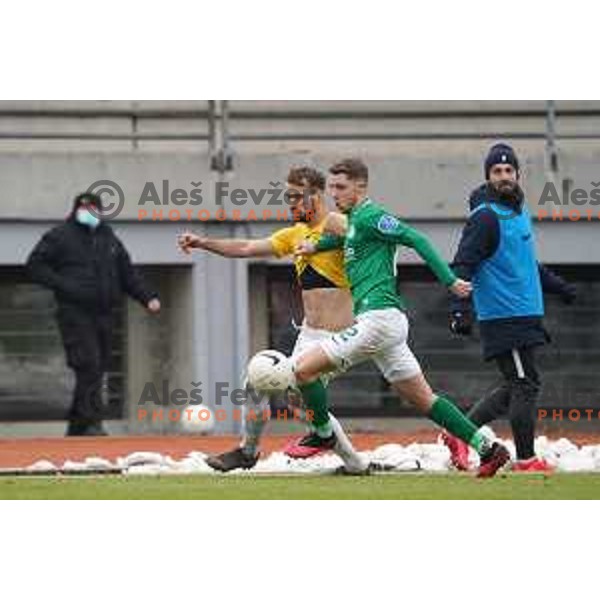 Mustafa Nukic of Bravo and Michael Pavlovic of Olimpija in action during Prva Liga Telekom Slovenije 2020-2021 football match between Bravo and Olimpija in Ljubljana, Slovenia on December 15, 2020