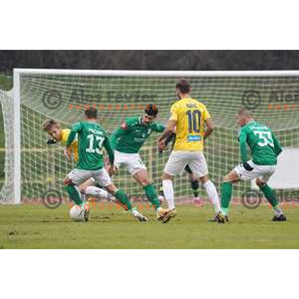 Rok Kidirc and Marko Perkovic in action during Prva Liga Telekom Slovenije 2020-2021 football match between Bravo and Olimpija in Ljubljana, Slovenia on December 15, 2020