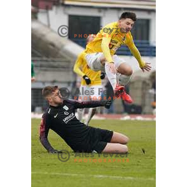 Ziga Frelih and Martin Kramaric in action during Prva Liga Telekom Slovenije 2020-2021 football match between Bravo and Olimpija in Ljubljana, Slovenia on December 15, 2020