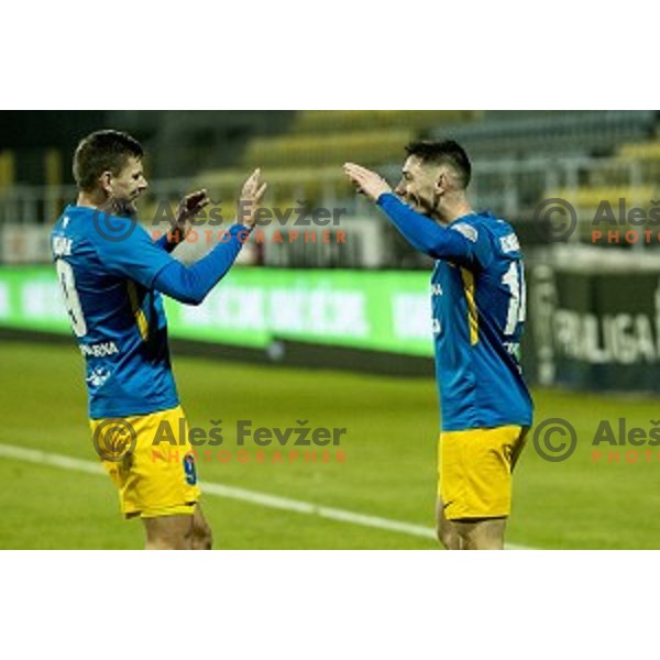 Roman Bezjak and Mico Kuzmanovic celebrate goal during Prva Liga Telekom Slovenije 2020-2021 football match between Celje and Koper in Celje, Slovenia on December 16, 2020