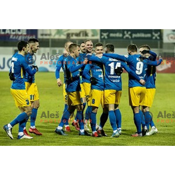 Zan Benedicic, Jon Sporn and Mico Kuzmanovic celebrate goal during Prva Liga Telekom Slovenije 2020-2021 football match between Celje and Koper in Celje, Slovenia on December 16, 2020