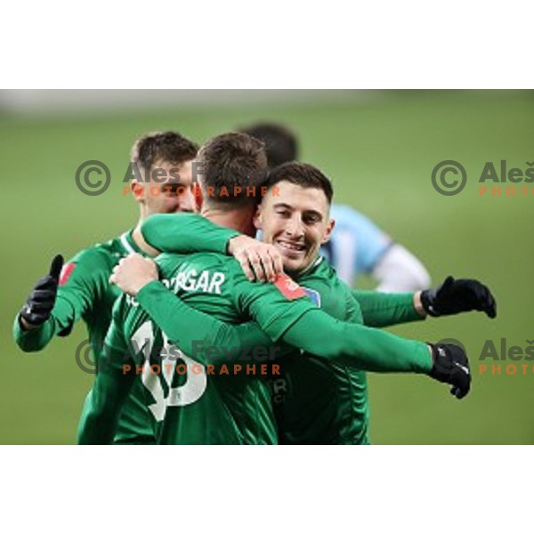 Andres Vombergar and Mario Kvesic of Olimpija celebrate goal during Prva Liga Telekom Slovenije 2020-2021 football match between Olimpija and Gorica in SRC Stozice, Ljubljana, Slovenia on December 19, 2020