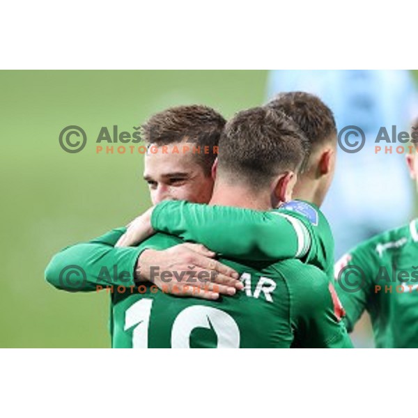 Timi Max Eldsnik and Andres Vombergar of Olimpija celebrate goal during Prva Liga Telekom Slovenije 2020-2021 football match between Olimpija and Gorica in SRC Stozice, Ljubljana, Slovenia on December 19, 2020