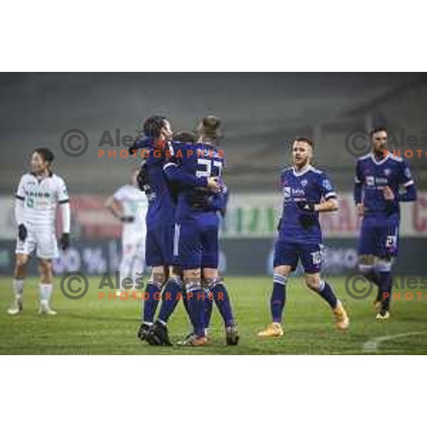 Rudi Vancas Pozeg and Jasmin Mesanovic celebrating during Prva liga Telekom Slovenije football match between Maribor and Aluminij in Ljudski vrt, Maribor, Slovenia on December 20, 2020