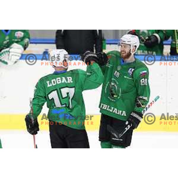 Miha Logar and Miha Zajc of SZ Olimpija in action during Alps League ice-hockey match between SZ Olimpija and Bregenzerwald in Ljubljana, Slovenia on January 9, 2021