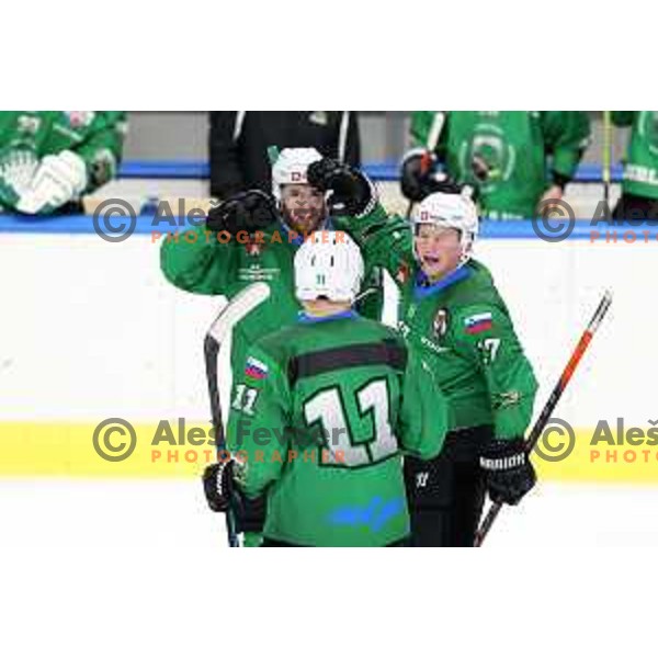 Miha Zajc and Miha Logar of SZ Olimpija in action during Alps League ice-hockey match between SZ Olimpija and Bregenzerwald in Ljubljana, Slovenia on January 9, 2021