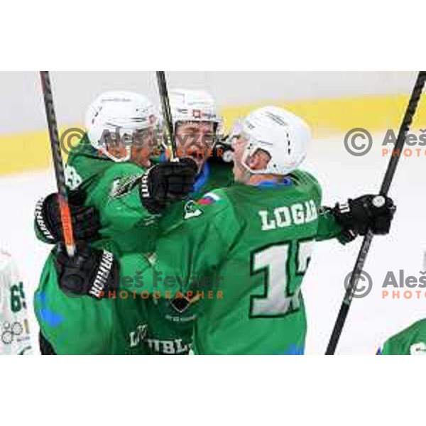 Mark Sever and Miha Logar of SZ Olimpija in action during Alps League ice-hockey match between SZ Olimpija and Bregenzerwald in Ljubljana, Slovenia on January 9, 2021