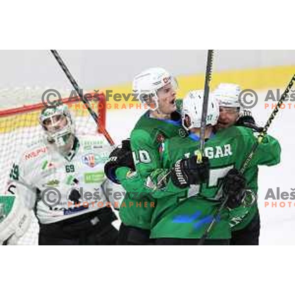 Mark Sever and Miha Logar of SZ Olimpija in action during Alps League ice-hockey match between SZ Olimpija and Bregenzerwald in Ljubljana, Slovenia on January 9, 2021