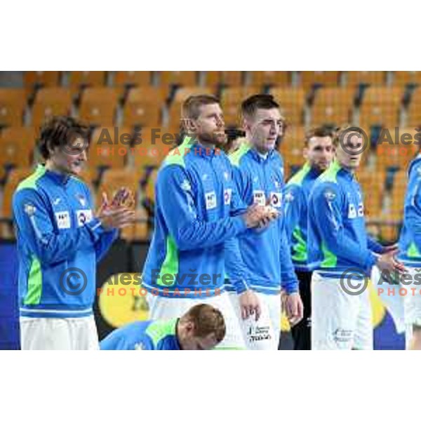 Jure Dolenec, Blaz Blagotinsek and Nik Henigman during European qualifiers handball match between Slovenia and Netherlands played in Celje, Slovenia on January 10, 2021