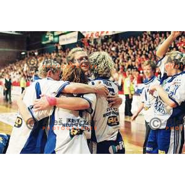 during second match of the EHF Champions league 2000-2001 Final between Krim Neutro Roberts (SLO) and AK Viborg (DEN) played in Kodeljevo Hall, Ljubljana, Slovenia on May 12, 2001. Krim became EHF Champion with victory 25:19