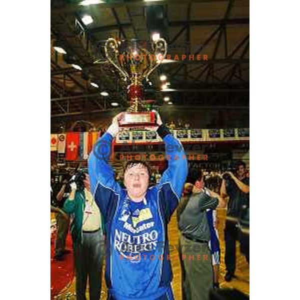 during second match of the EHF Champions league 2000-2001 Final between Krim Neutro Roberts (SLO) and AK Viborg (DEN) played in Kodeljevo Hall, Ljubljana, Slovenia on May 12, 2001. Krim became EHF Champion with victory 25:19