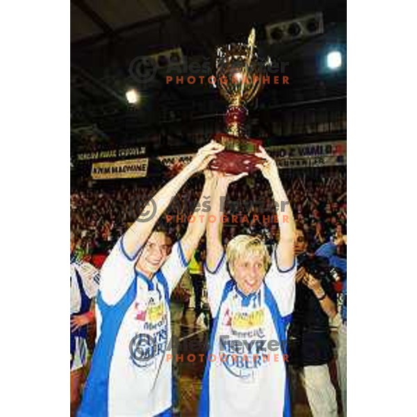 during second match of the EHF Champions league 2000-2001 Final between Krim Neutro Roberts (SLO) and AK Viborg (DEN) played in Kodeljevo Hall, Ljubljana, Slovenia on May 12, 2001. Krim became EHF Champion with victory 25:19