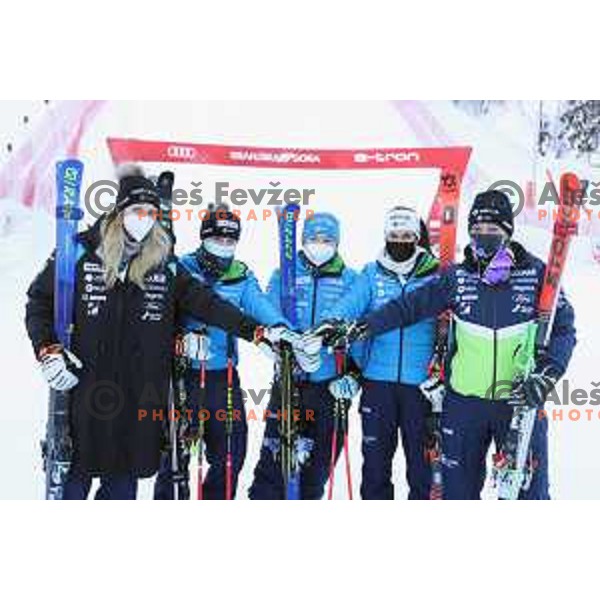 Ana Bucik, Neja Dvornik, Meta Hrovat, Tina Robnik and Ilka Stuhec of Slovenia Women\'s Alpine team during AUDI FIS Alpine Ski World Cup, 57.Golden Fox -Zlata Lisica practice on Podkoren course in Kranjska gora, Slovenia on January 15, 2021