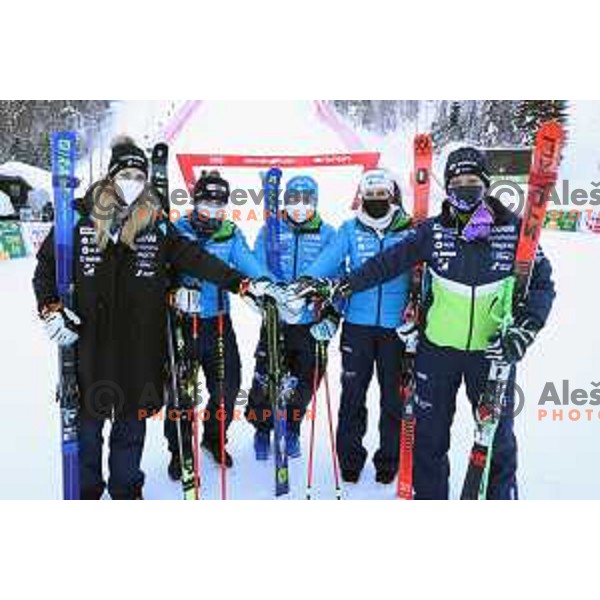 Ana Bucik, Neja Dvornik, Meta Hrovat, Tina Robnik and Ilka Stuhec of Slovenia Women\'s Alpine team during AUDI FIS Alpine Ski World Cup, 57.Golden Fox -Zlata Lisica practice on Podkoren course in Kranjska gora, Slovenia on January 15, 2021