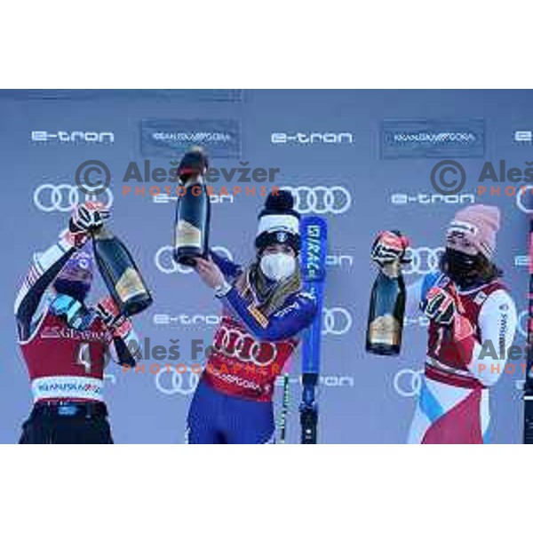 Tessa Worley (FRA), Marta Bassino (ITA), winner of AUDI FIS World Cup Giant Slalom for 57.Golden Fox-Zlata Lisica and Michele Gisin (SUI) in Kranjska gora, Slovenia on January 16, 2021