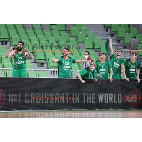 Ziga Dimec, Alen Hodzic, Luka Rupnik, Dan Duscak, Rok Radovic, Luka Scuka of Cedevita Olimpija celebrate during 7days EuroCup basketball match between Cedevita Olimpija (SLO) and Buducnost VOLI (MNE) in SRC Stozice, Ljubljana on January 19, 2021